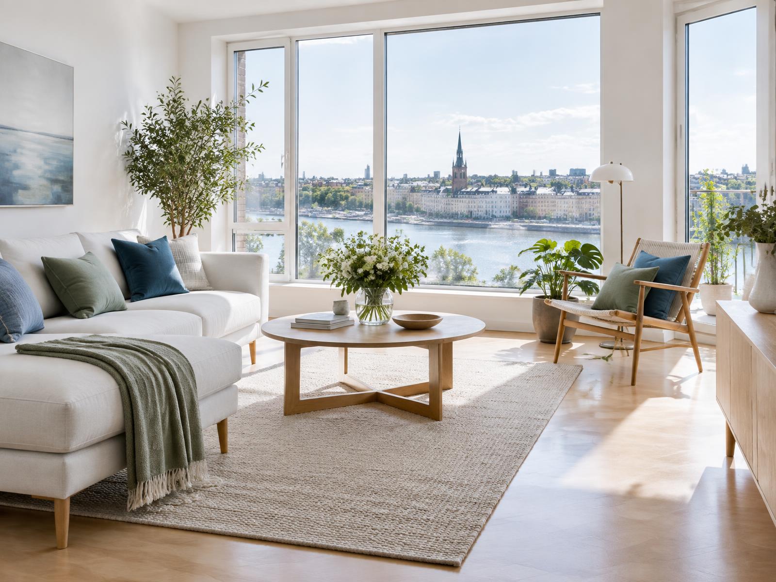 Ljus och nystädad vardagsrumslägenhet i Umeå med rena fönster mot älven